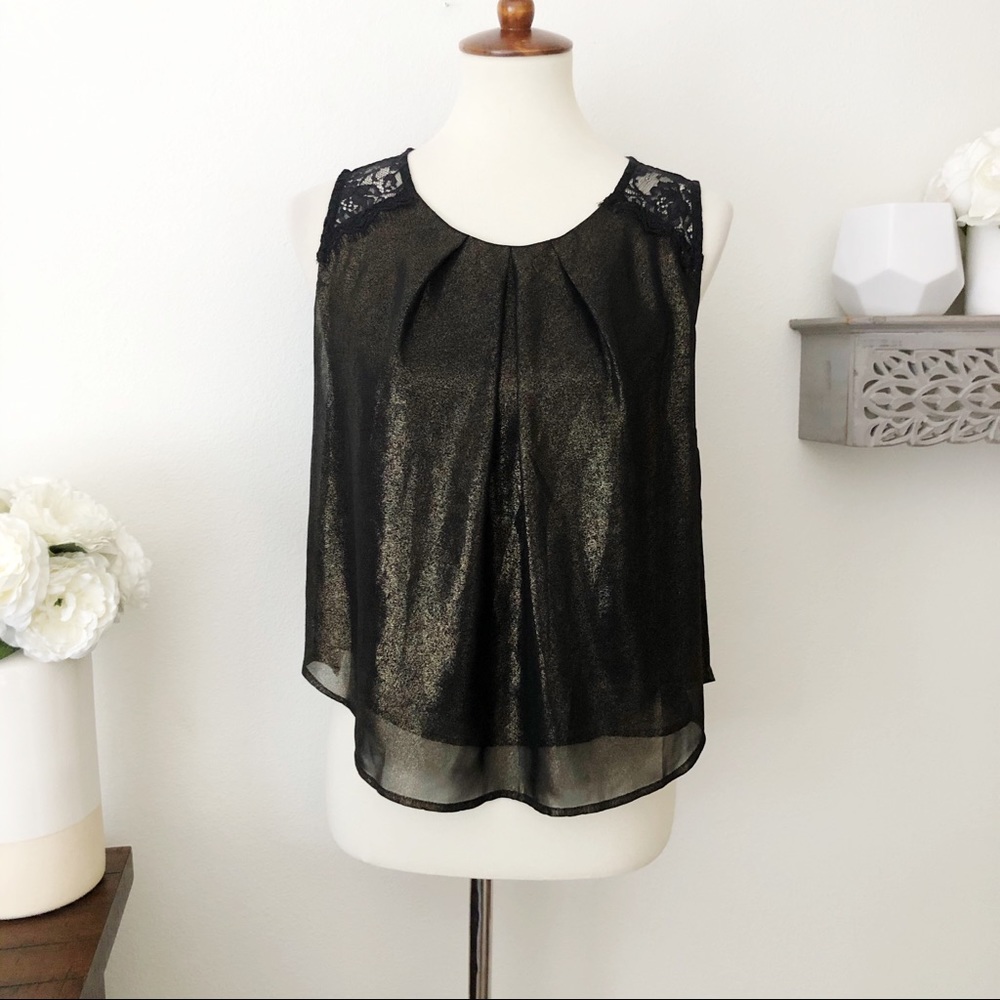 ASTR metallic shimmer shell tank lace detail black